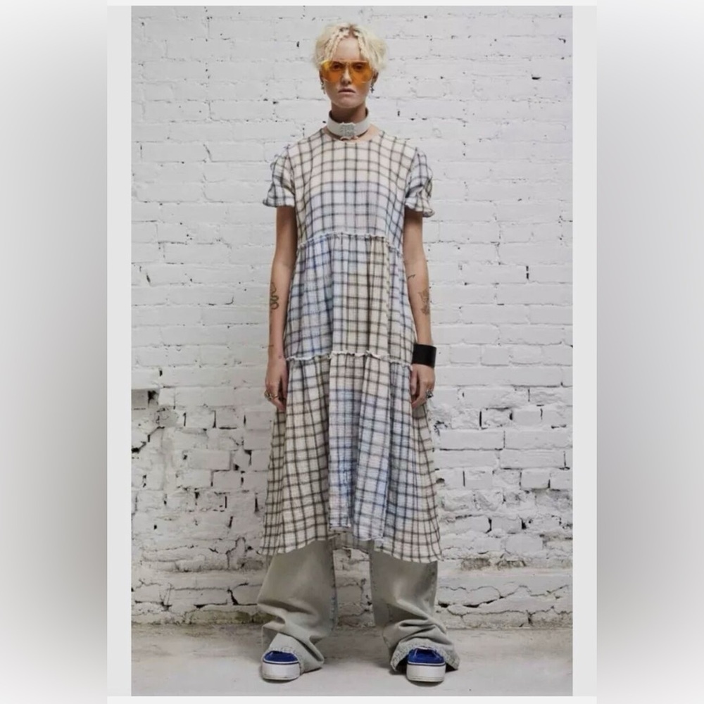 NWT R13 Shredded Relaxed Plaid Tiered Midi Dress in Bleached Light Blue Plaid